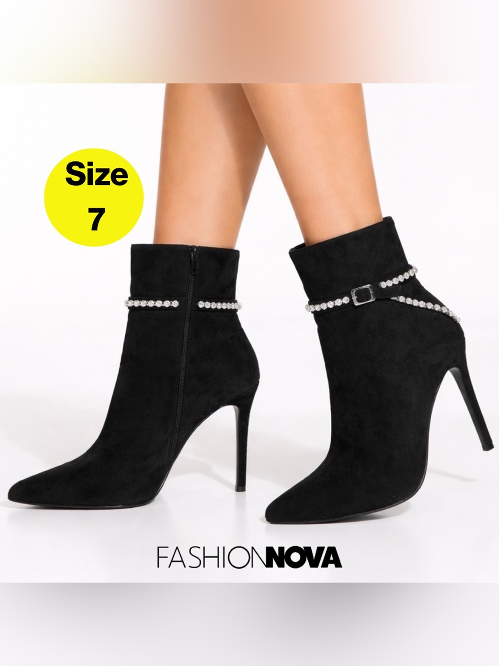 FASHION NOVA 🖤 Rhinestone Black Stiletto Heeled Boots, Calf Height (Size 7)